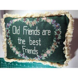 Throw Pillow green cream Old Friends Are The Best Friends Fringe cottagecore